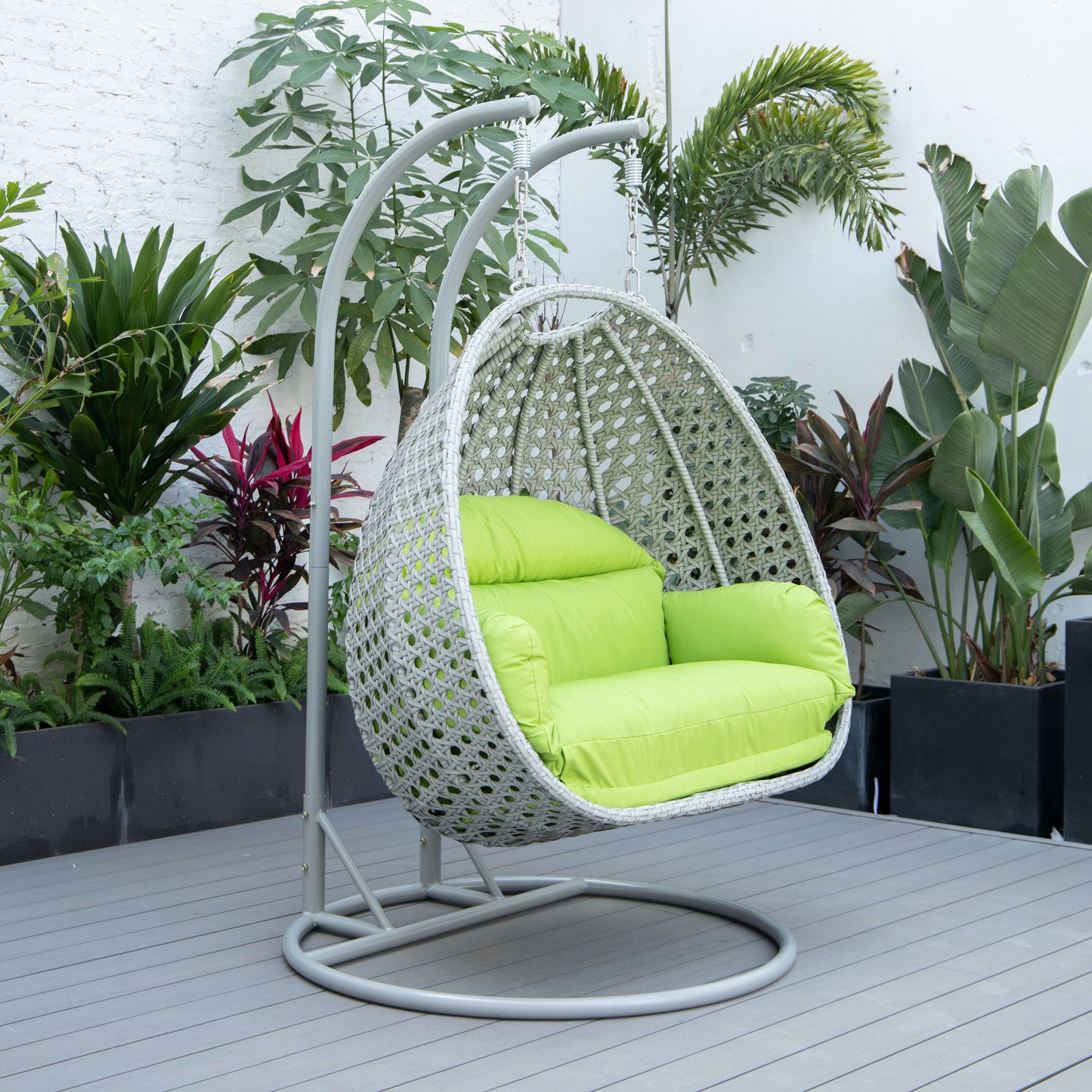 LeisureMod Mendoza Light Grey Hanging 2 person Egg Swing Chair - Light Green