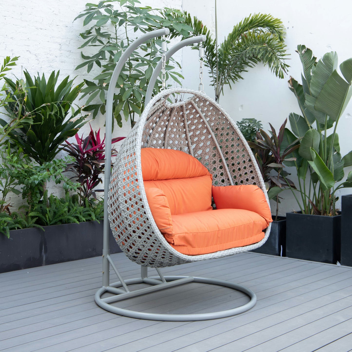 LeisureMod Mendoza Light Grey Wicker Hanging 2 person Egg Swing Chair - Orange