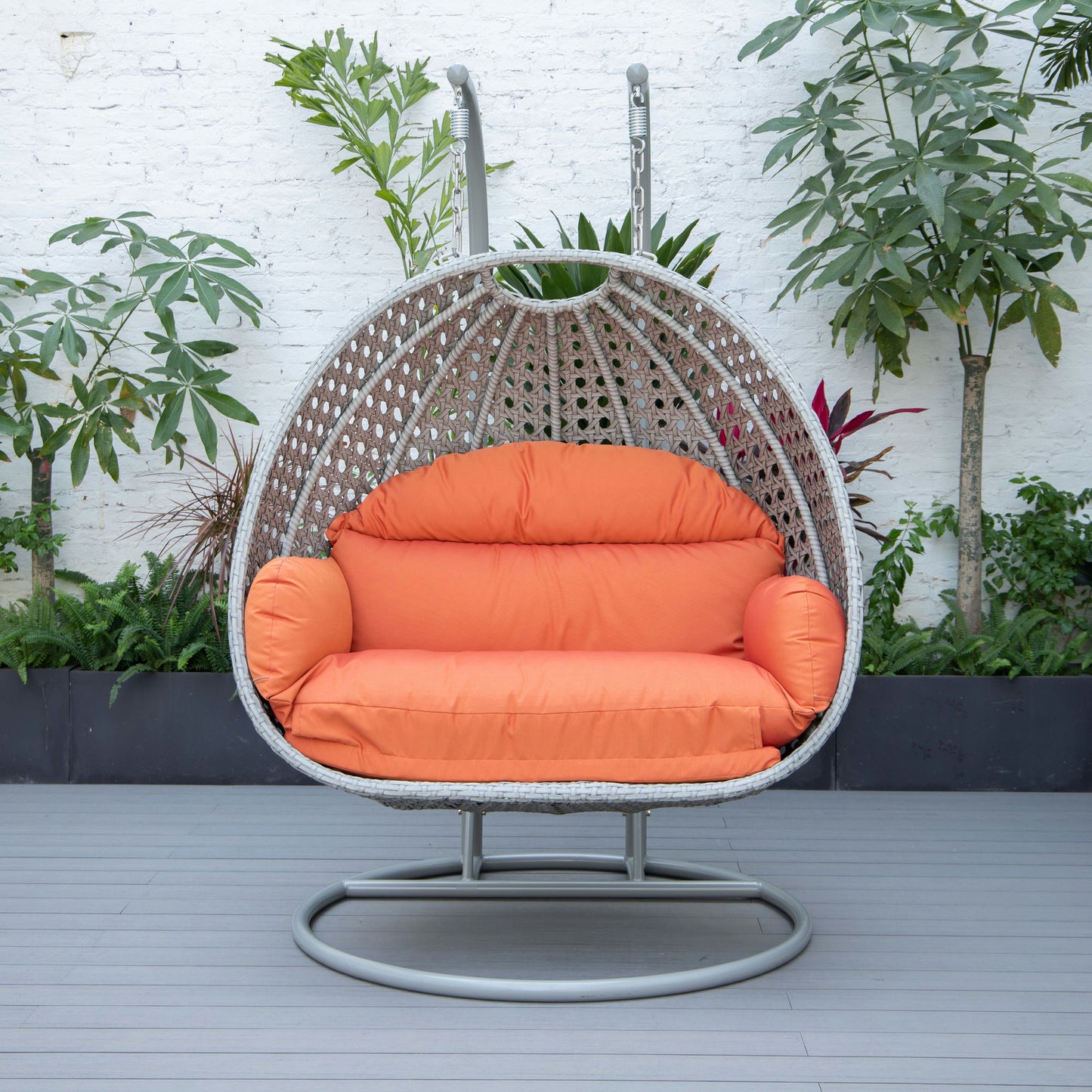 LeisureMod Mendoza Light Grey Wicker Hanging 2 person Egg Swing Chair - Orange