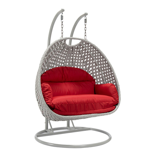 LeisureMod Mendoza Light Grey Wicker Hanging 2 person Egg Swing Chair - Red