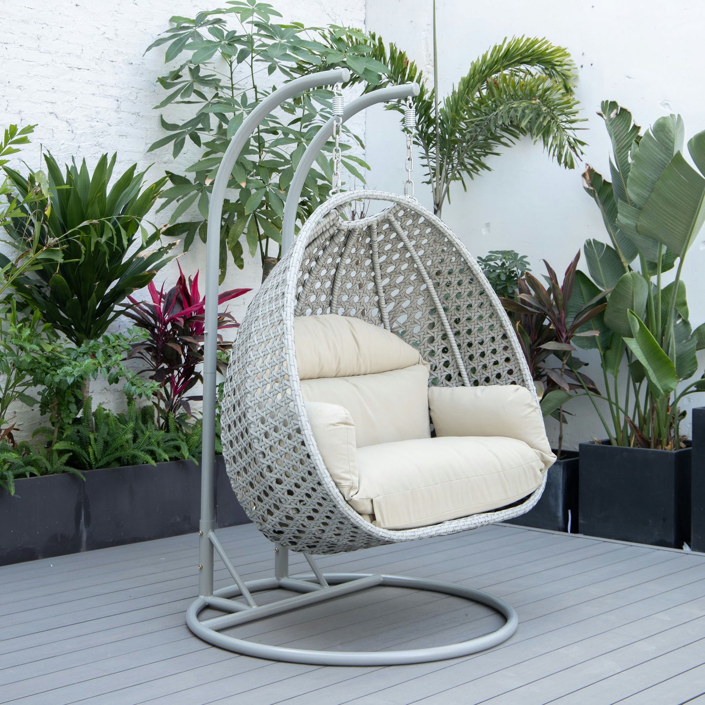 LeisureMod Mendoza Light Grey Wicker Hanging 2 person Egg Swing Chair - Taupe