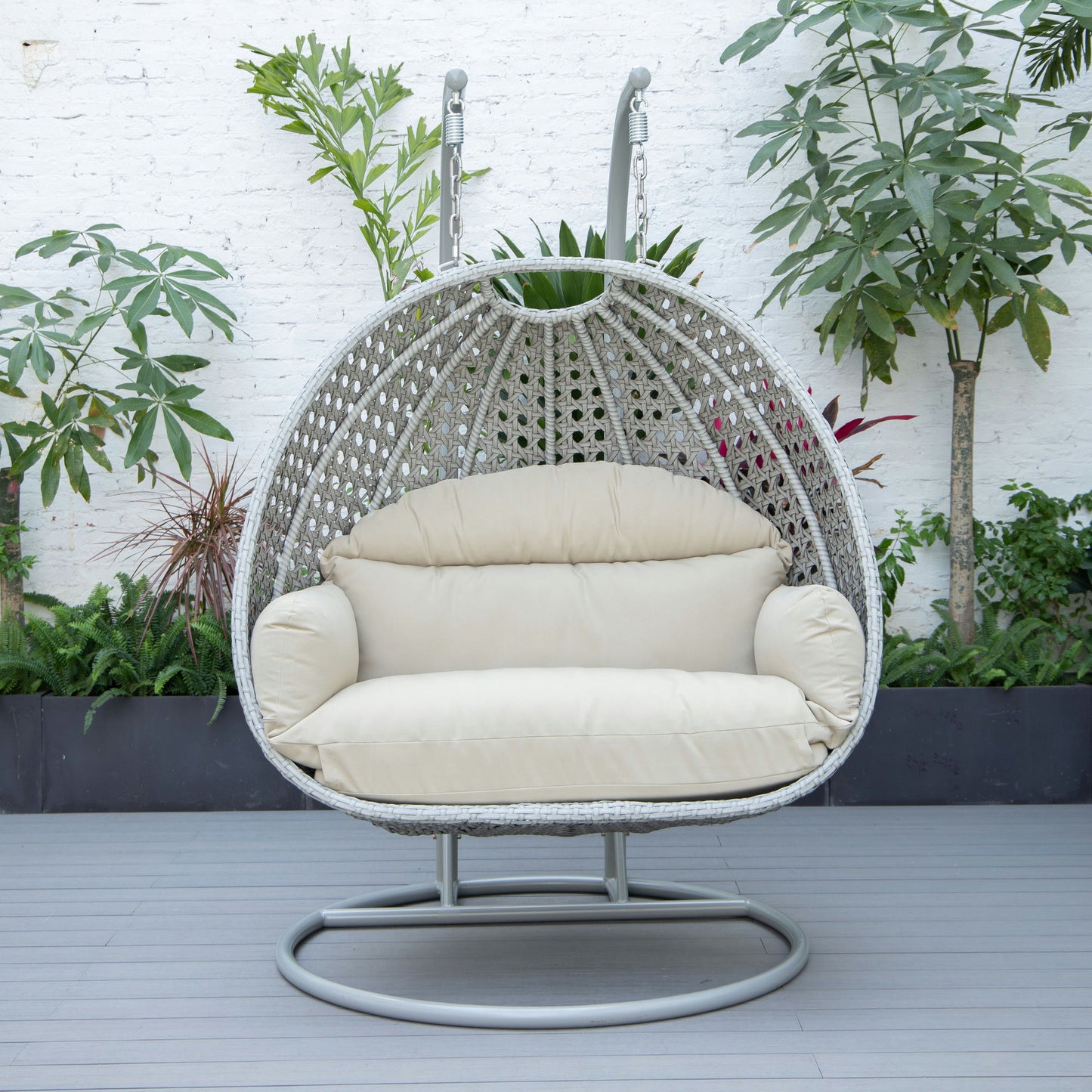 LeisureMod Mendoza Light Grey Wicker Hanging 2 person Egg Swing Chair - Taupe