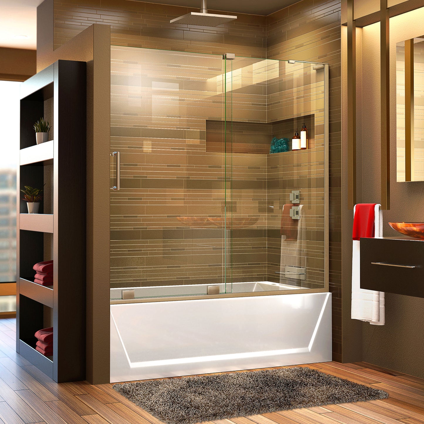 Mirage-X 56-60 in. W x 58 in. H Frameless Sliding Tub Door in Brushed Nickel; Right Wall Installation