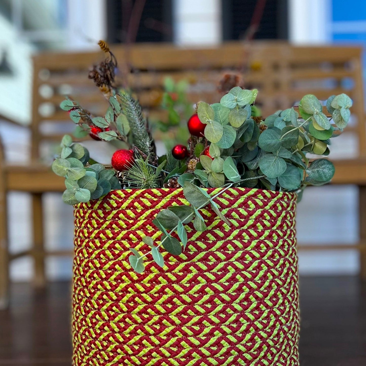 Holiday-Vibes Modern Weave Basket - Vibe Green/Red 16"x16"x14"