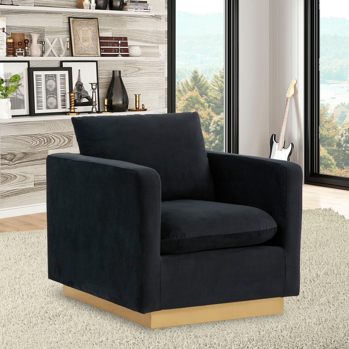 LeisureMod Nervo Velvet Accent Armchair In Midnight Black