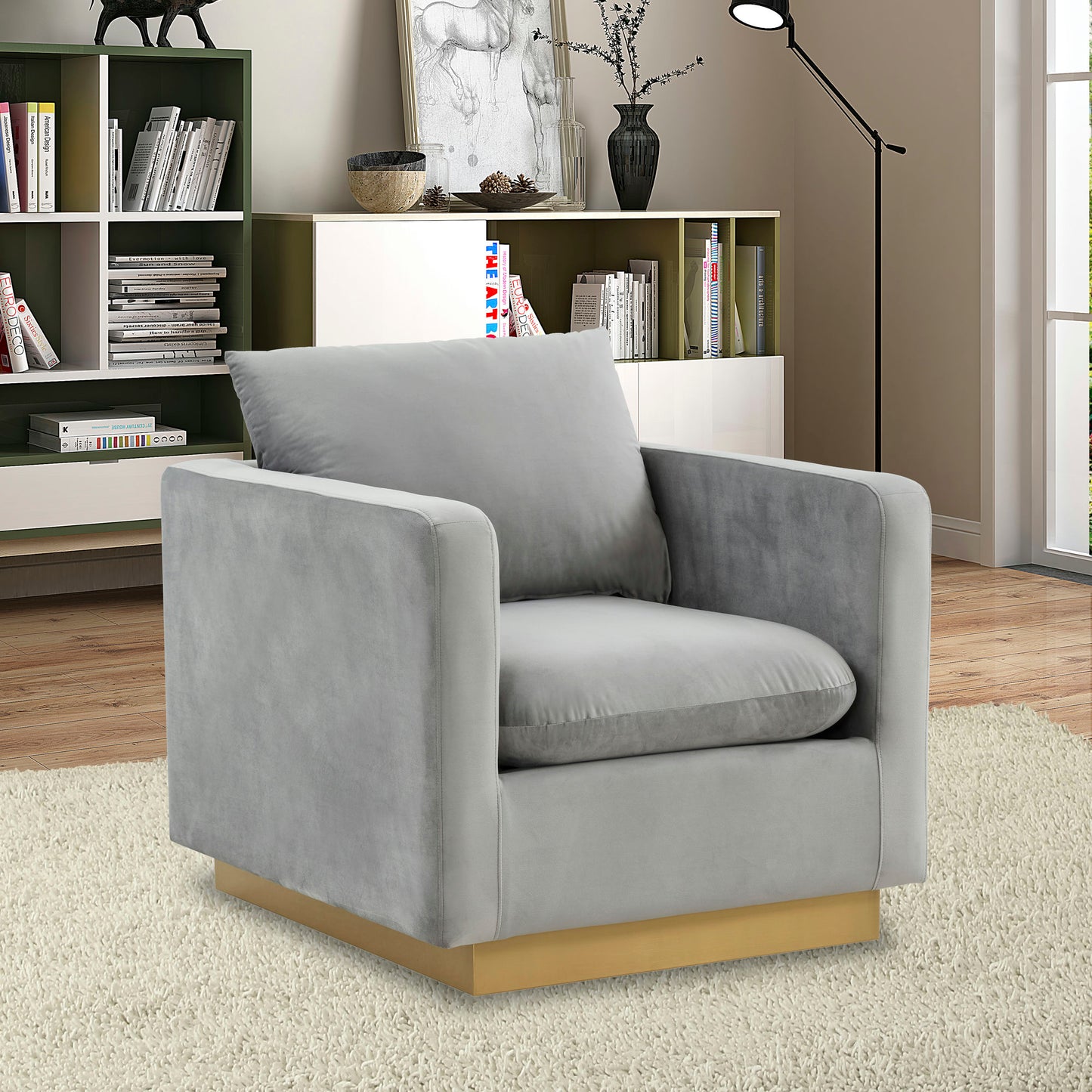 LeisureMod Nervo Velvet Accent Armchair In Light Grey