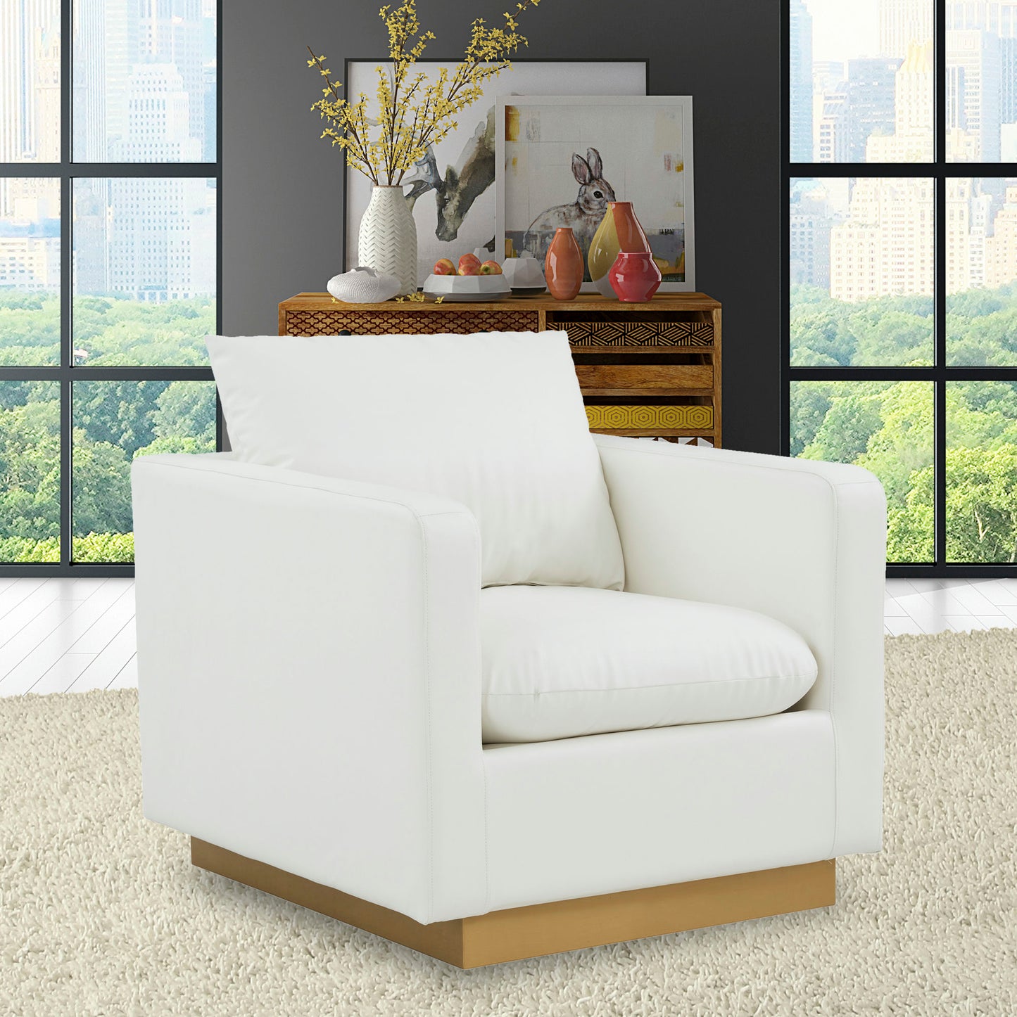LeisureMod Nervo Leather Accent Armchair In White