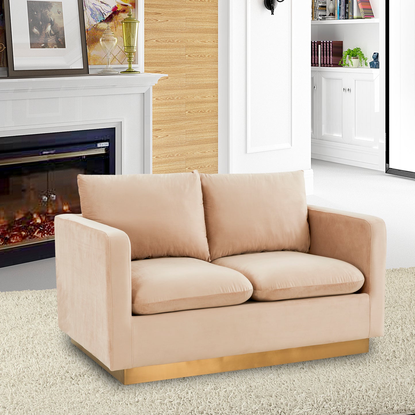 LeisureMod Nervo Modern Mid-Century Upholstered Velvet Loveseat In Beige