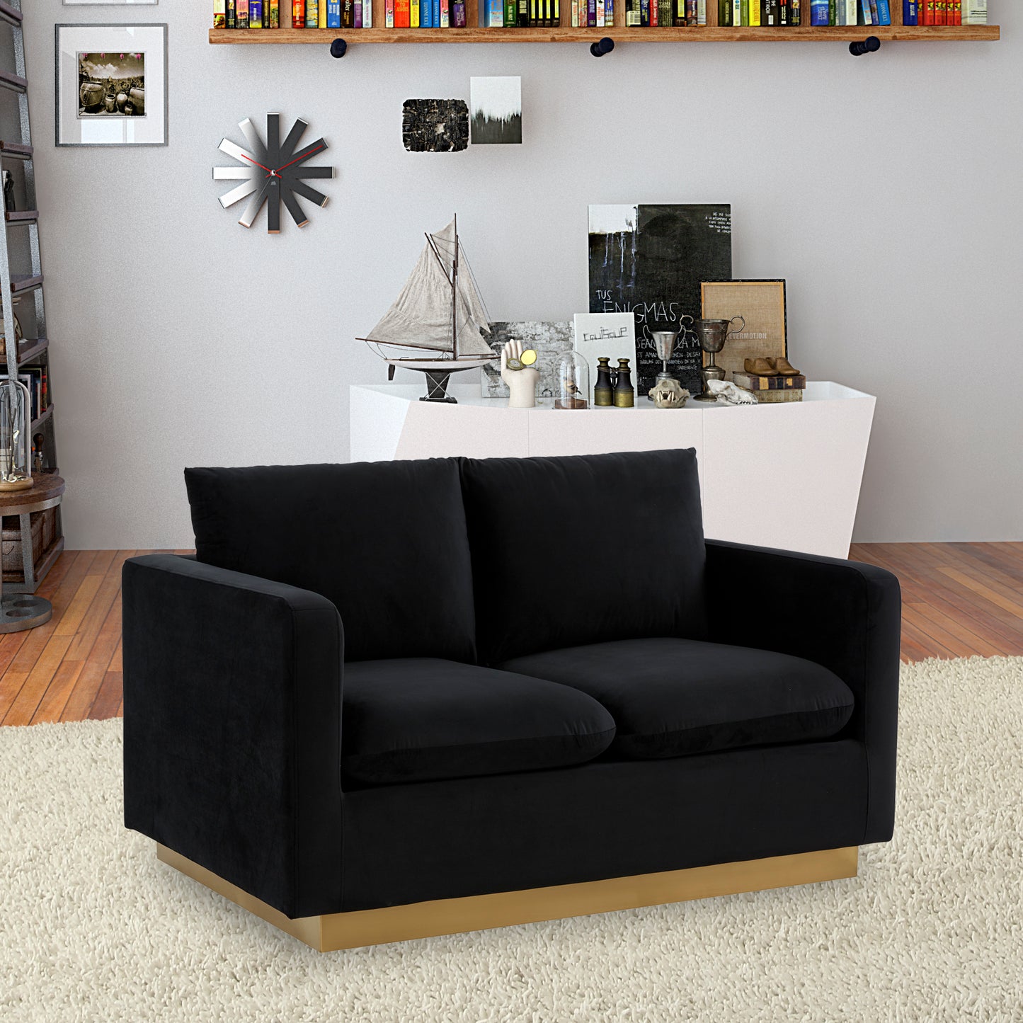 LeisureMod Nervo Modern Mid-Century Upholstered Velvet Loveseat In Black