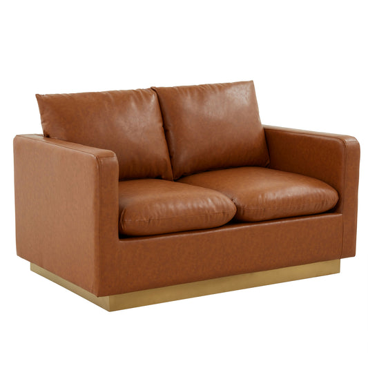 LeisureMod Nervo Modern Mid-Century Upholstered Leather Loveseat In Cognac Tan