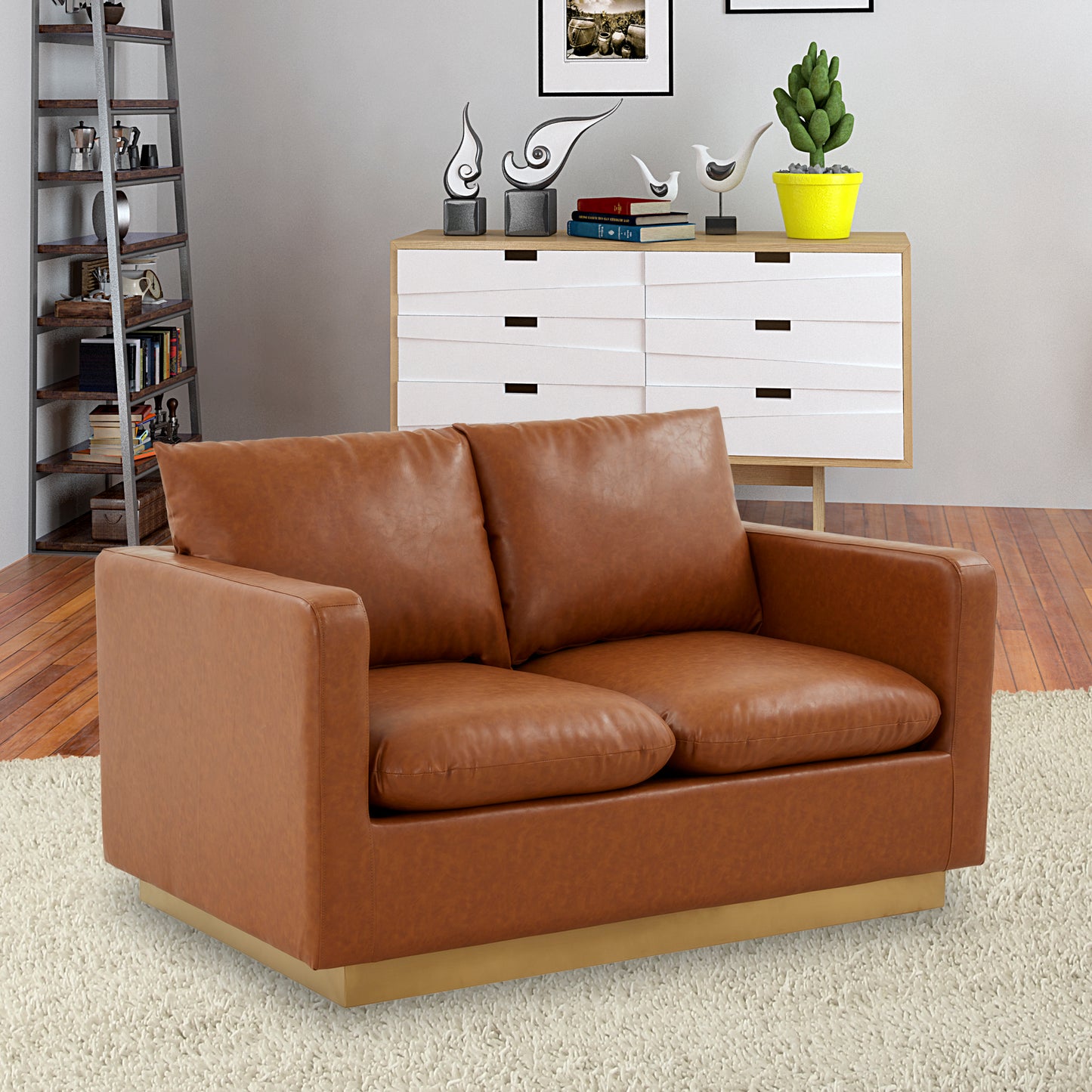 LeisureMod Nervo Modern Mid-Century Upholstered Leather Loveseat In Cognac Tan