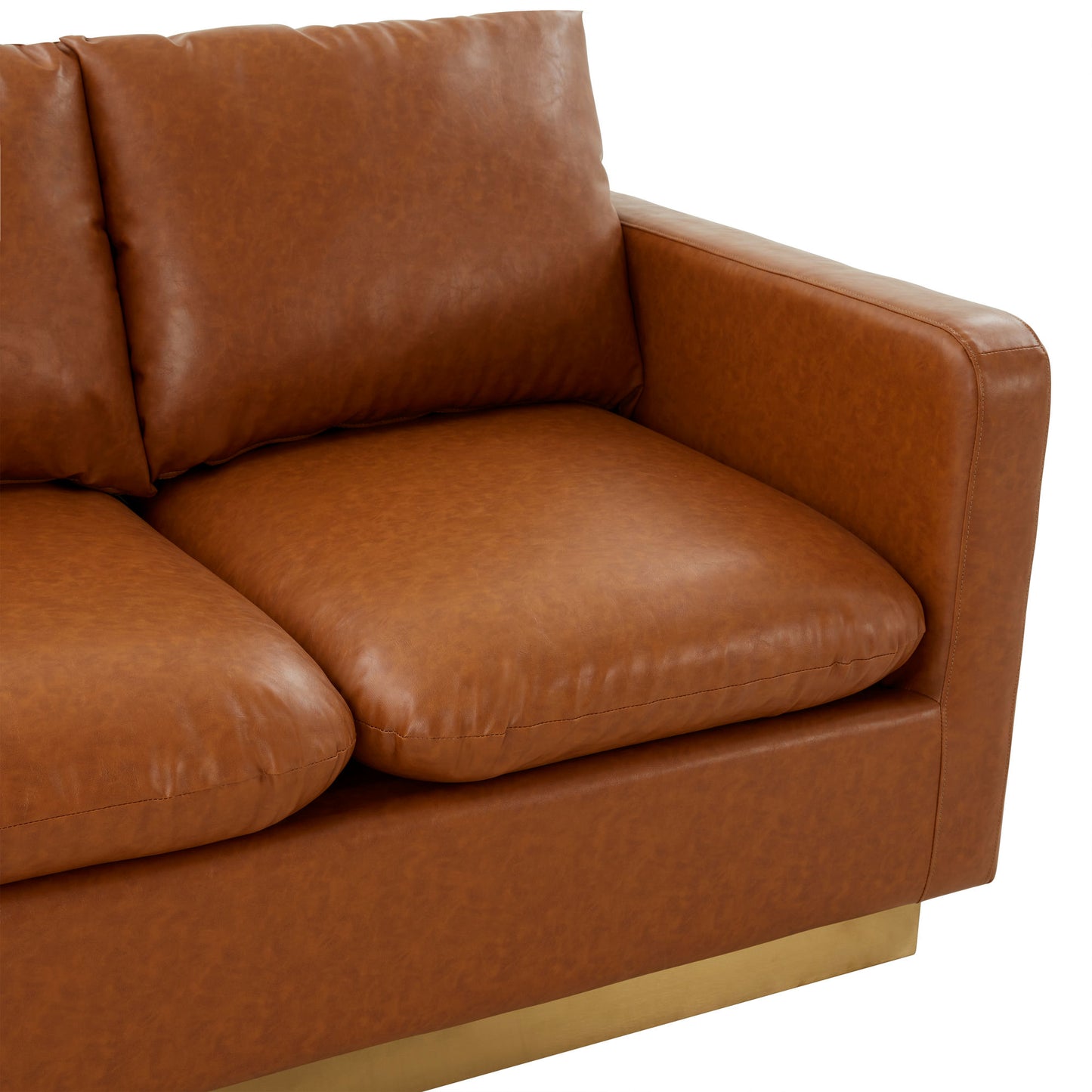 LeisureMod Nervo Modern Mid-Century Upholstered Leather Loveseat In Cognac Tan