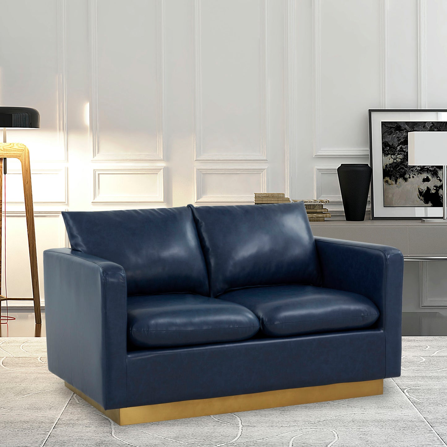 LeisureMod Nervo Modern Mid-Century Upholstered Leather Loveseat In Navy Blue