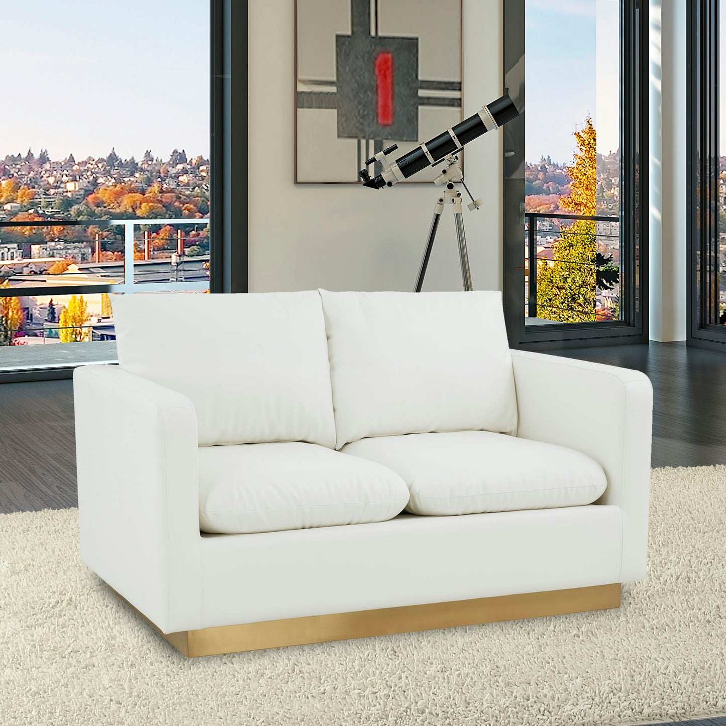 LeisureMod Nervo Modern Mid-Century Upholstered Leather Loveseat In White