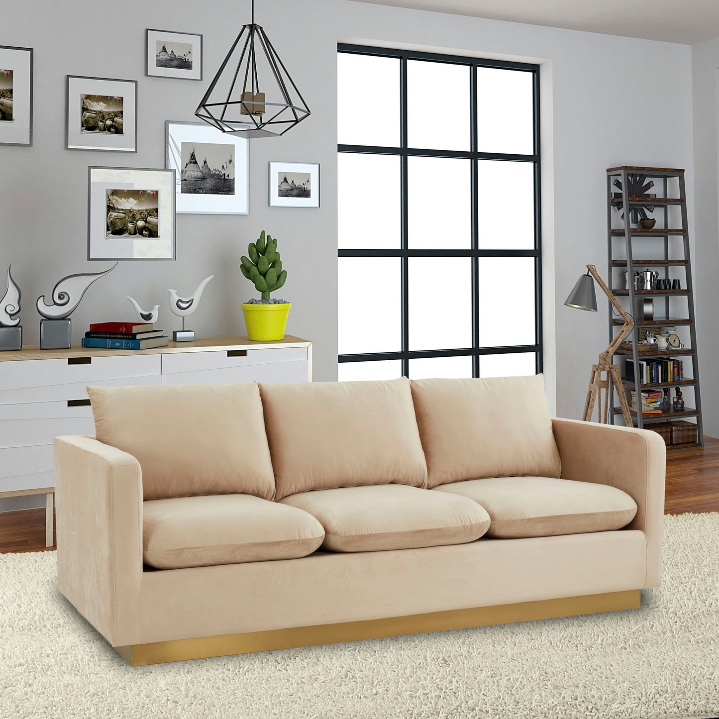 LeisureMod Nervo Modern Mid-Century Upholstered Velvet Sofa In Beige