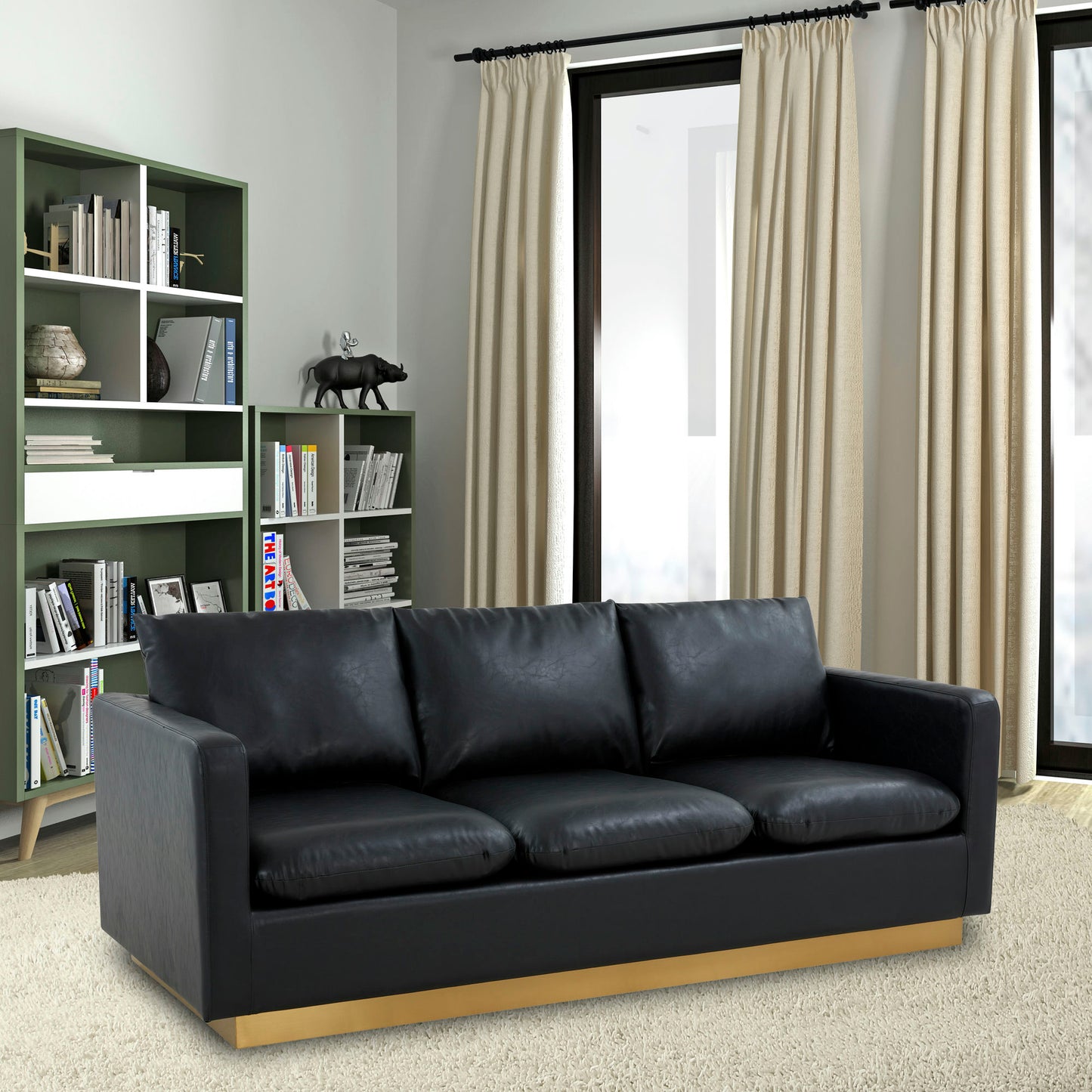 LeisureMod Nervo Modern Mid-Century Upholstered Leather Sofa In Black