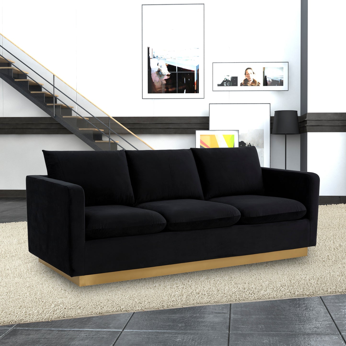 LeisureMod Nervo Modern Mid-Century Upholstered Velvet Sofa In Midnight Black