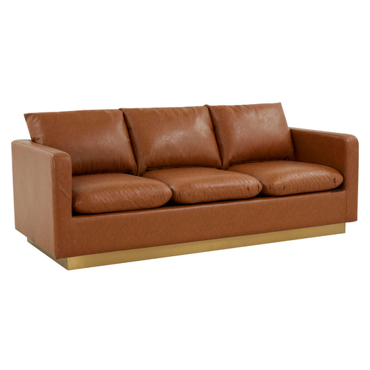 LeisureMod Nervo Modern Mid-Century Upholstered Leather Sofa In Cognac Tan