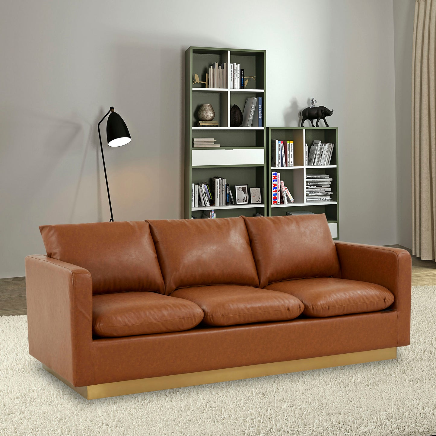 LeisureMod Nervo Modern Mid-Century Upholstered Leather Sofa In Cognac Tan