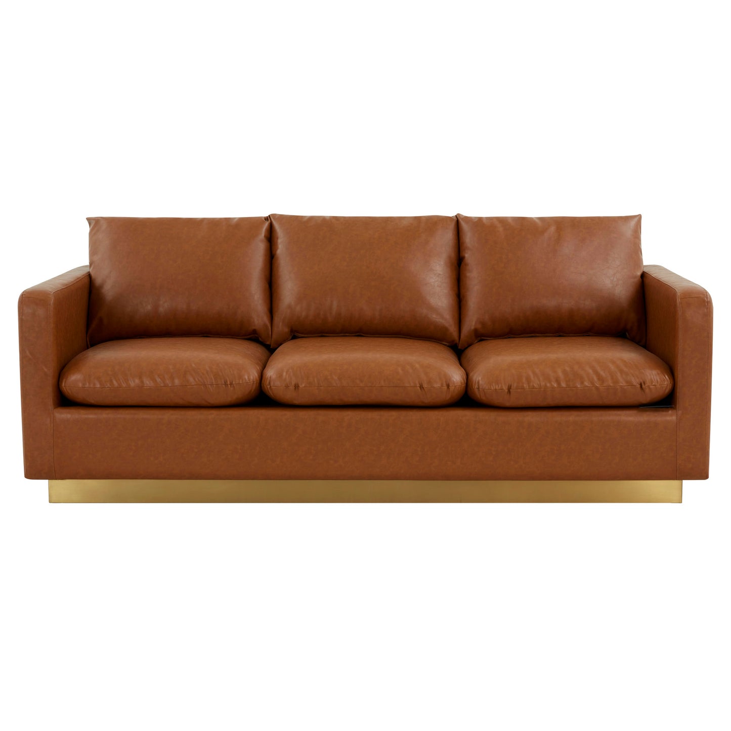 LeisureMod Nervo Modern Mid-Century Upholstered Leather Sofa In Cognac Tan