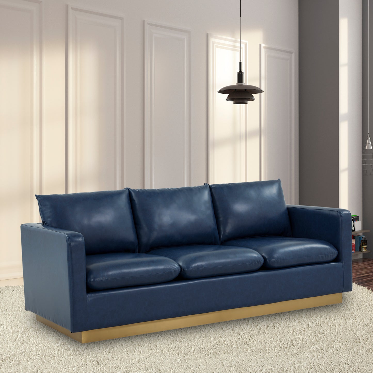 LeisureMod Nervo Modern Mid-Century Upholstered Leather Sofa In Navy Blue