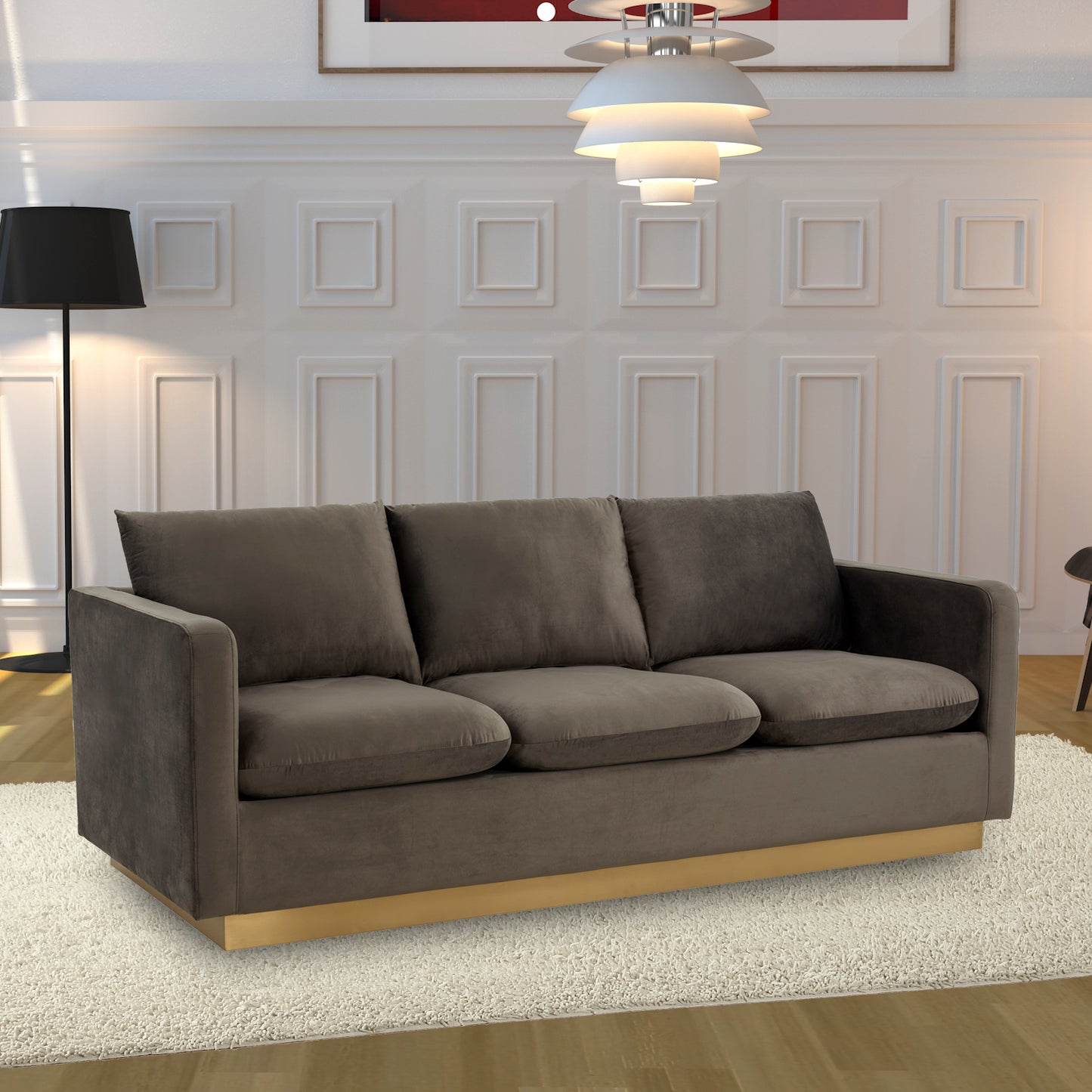 LeisureMod Nervo Modern Mid-Century Upholstered Velvet Sofa In Dark Grey