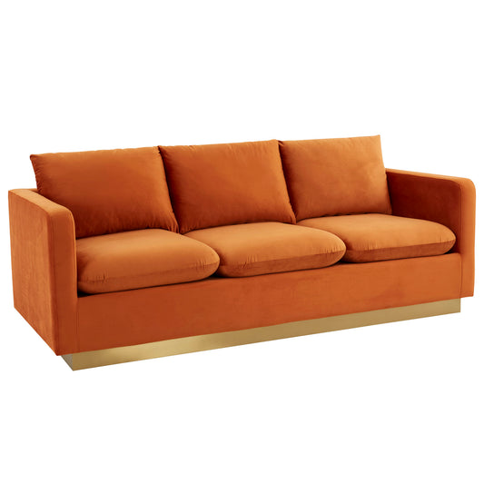 LeisureMod Nervo Modern Mid-Century Upholstered Velvet Sofa In Orange Marmalade