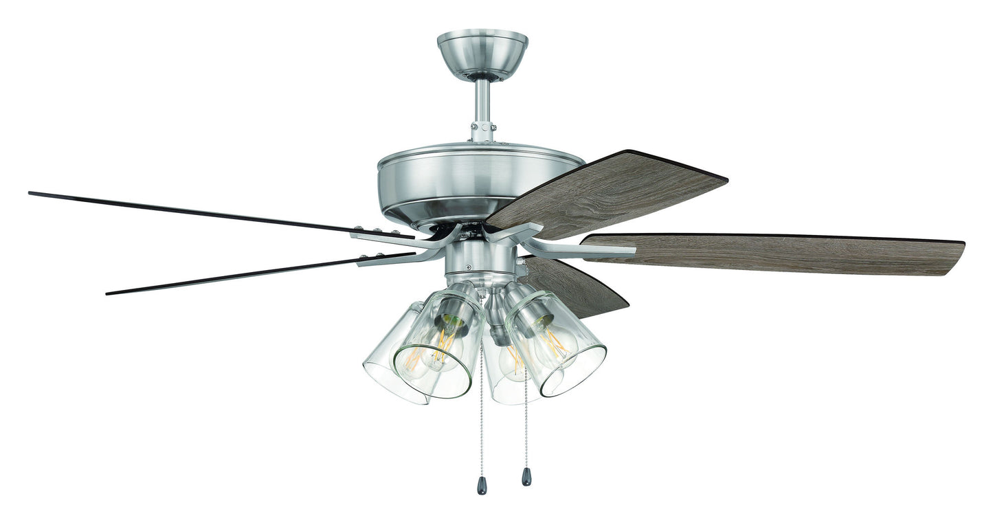 52" Pro Plus Fan w/ 4 Light Kit, Clear Glass and Blades in Polished Nickel
