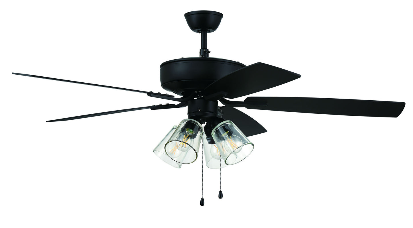52" Pro Plus Fan with 4 Light Kit with Clear Glass and Blades in Flat Black