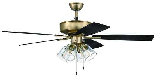 52" Pro Plus Fan with 4 Light Kit with Clear Glass and Blades in Satin Brass