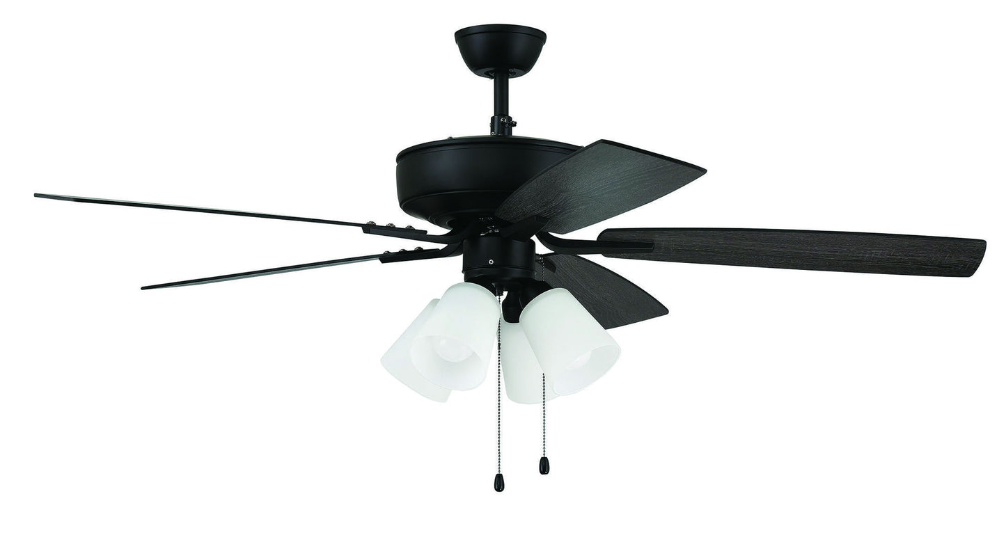 52" Pro Plus Fan with 4 Light kit with White Glass and Blades in Flat Black