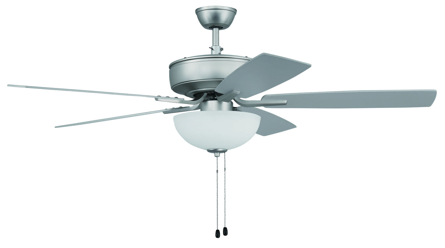 52" Pro Plus Fan with White Bowl Light Kit and Blades in Brushed Satin Nickel