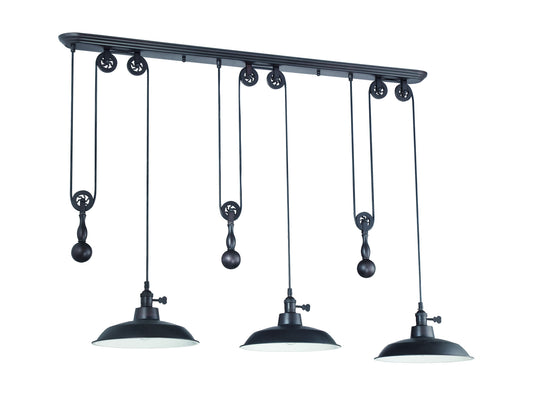 3 Light Pulley Pendant in Aged Bronze