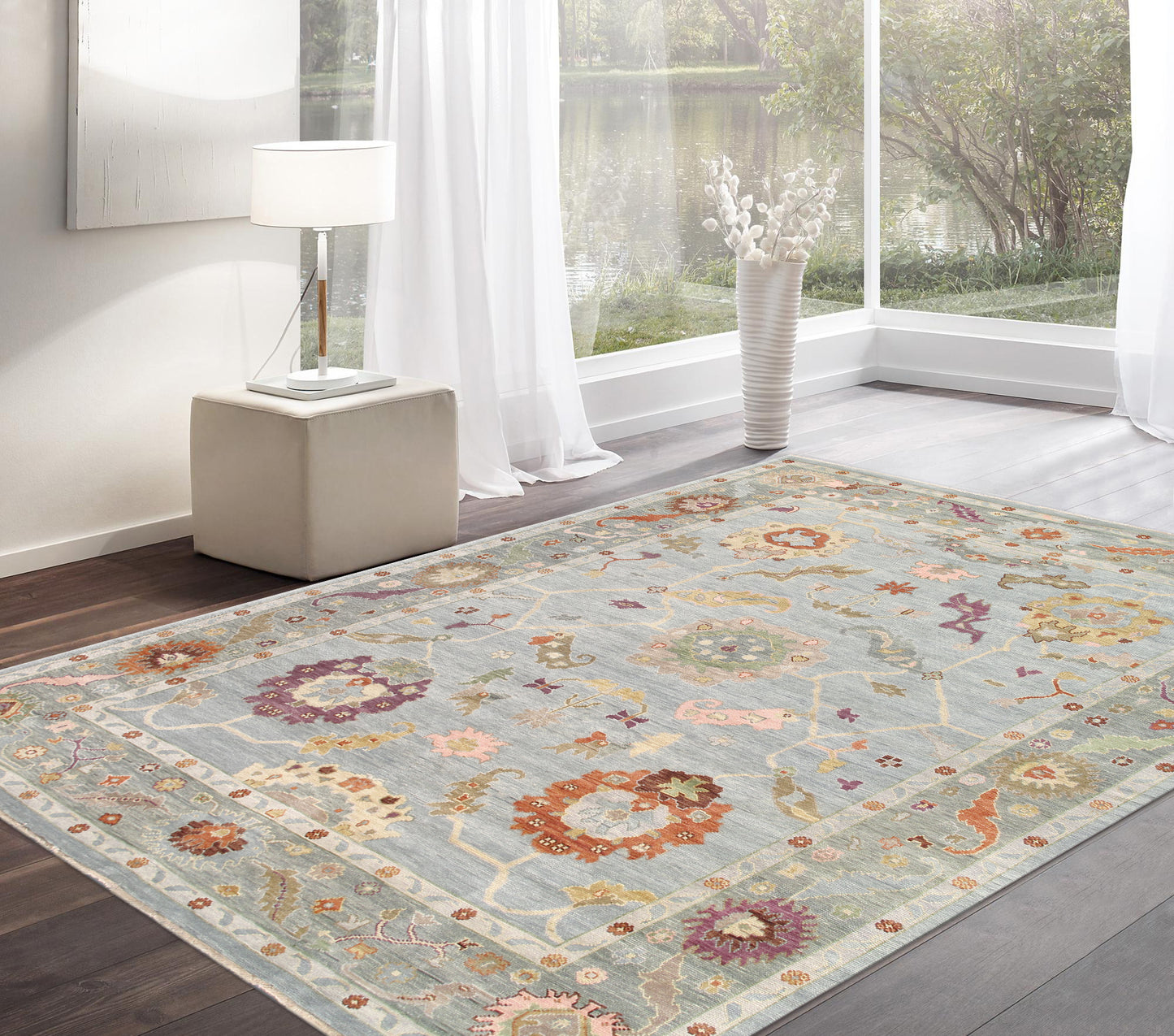 Pasargad Home Oushak Collection Hand-Knotted Blue Wool Area Rug - 9'9" X 13'8"