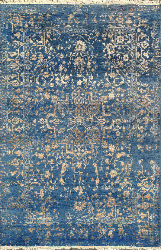 Pasargad Home Transitional Collection Blue Bamboo Silk & Wool Rug 4'1" X 6'2"