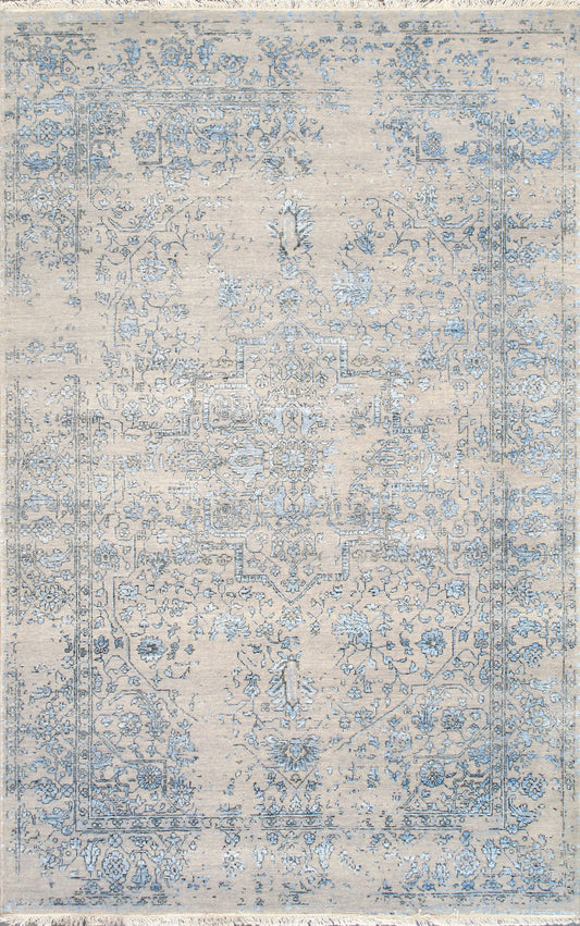 Pasargad Home Transitional Collection Silver Bamboo Silk & Wool Rug 5'9" X 9'0"