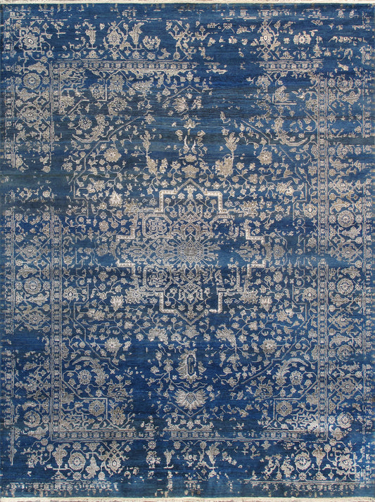 Pasargad Home Transitional Collection Blue Bamboo Silk & Wool Rug 9'0" X 11'10"