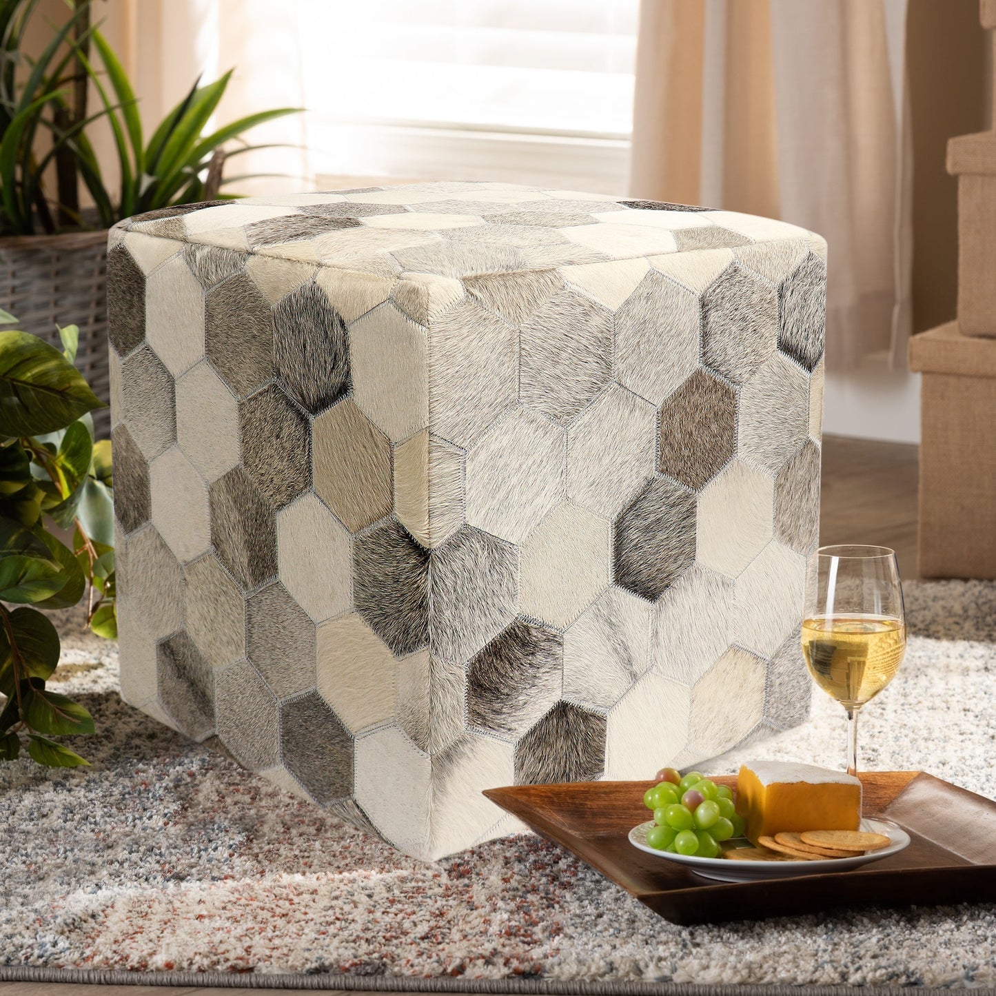 Pasargad Home Galaxy Collection Silver Cowhide Pouf Ottoman