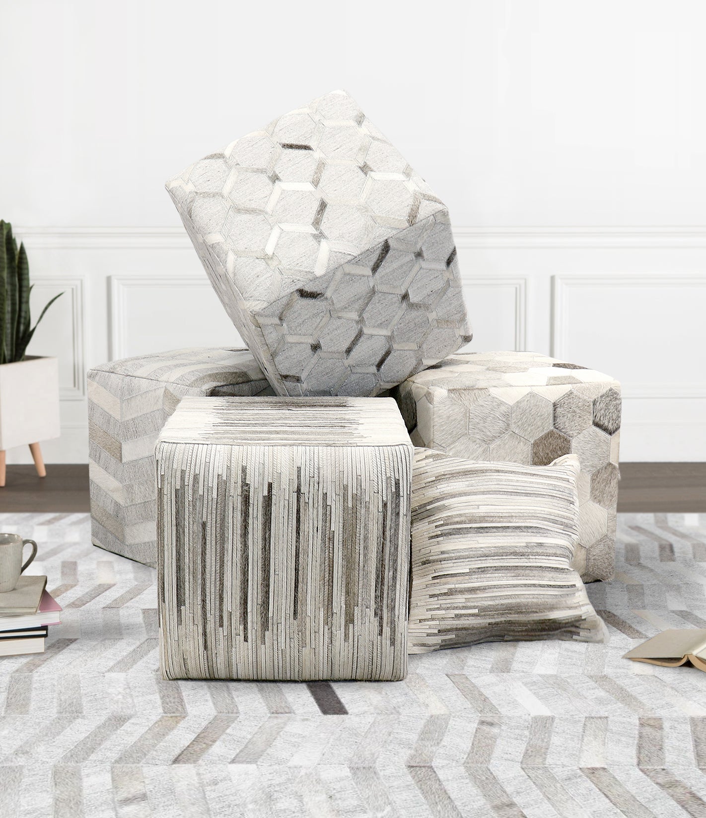 Pasargad Home Galaxy Collection Silver Cowhide Pouf Ottoman