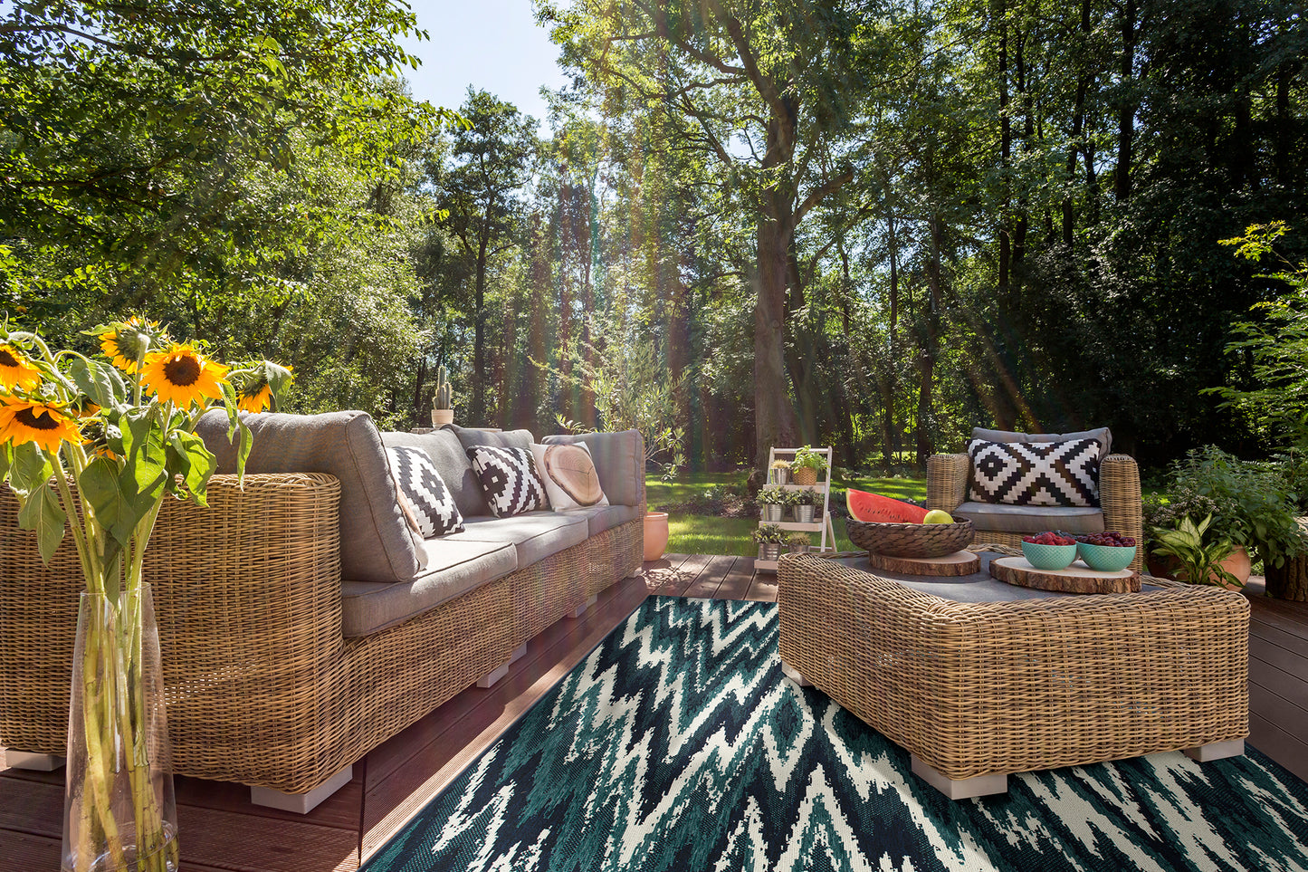 Kaleen Pianta Collection Teal Ivory Area Rug 3'11" x 5'7"