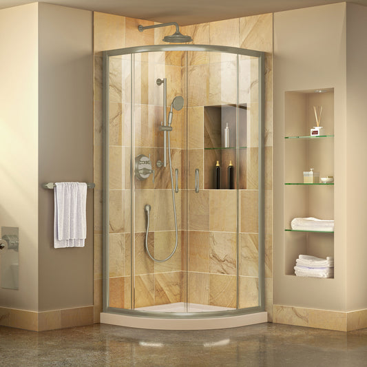 Prime 38 in. x 74 3/4 in. Semi-Frameless Clear Glass Sliding Shower Enclosure in Brushed Nickel with Biscuit Base Kit