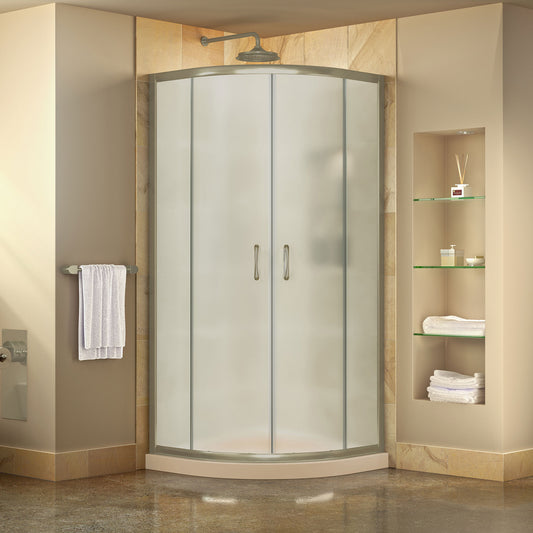 Prime 33 in. x 74 3/4 in. Semi-Frameless Frosted Glass Sliding Shower Enclosure in Brushed Nickel with Biscuit Base Kit
