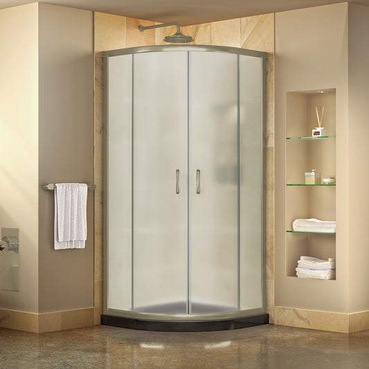 Prime 36 in. x 74 3/4 in. Semi-Frameless Frosted Glass Sliding Shower Enclosure in Brushed Nickel with Black Base Kit