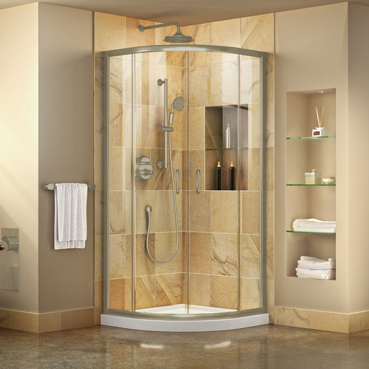 Prime 36 in. x 74 3/4 in. Semi-Frameless Clear Glass Sliding Shower Enclosure in Brushed Nickel with White Base Kit