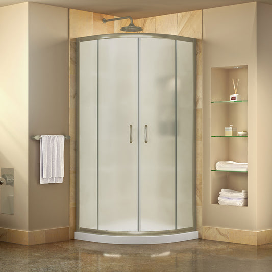 Prime 33 in. x 74 3/4 in. Semi-Frameless Frosted Glass Sliding Shower Enclosure in Brushed Nickel with White Base Kit