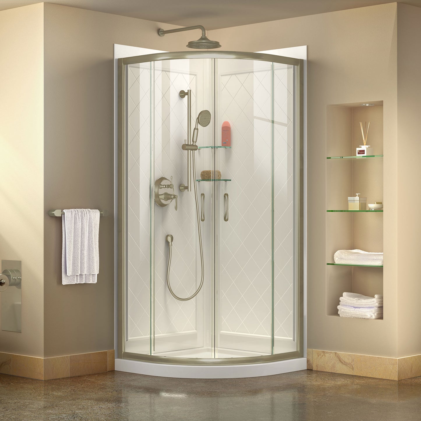 Prime 33 in. x 76 3/4 in. Semi-Frameless Clear Glass Sliding Shower Enclosure in Brushed Nickel with Base and Backwalls