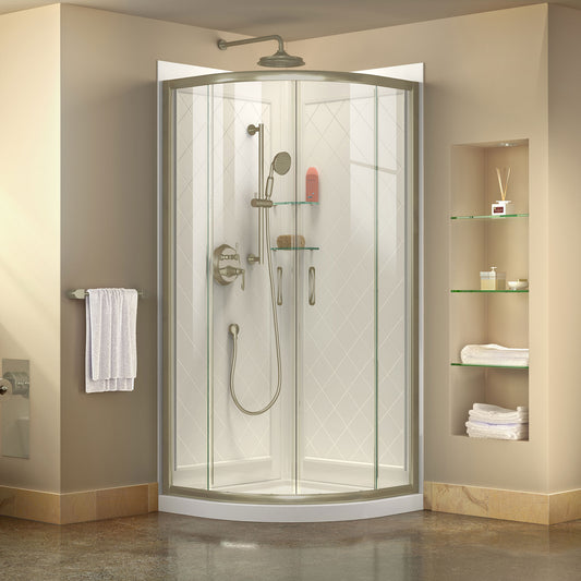 Prime 36 in. x 76 3/4 in. Semi-Frameless Clear Glass Sliding Shower Enclosure in Brushed Nickel with Base and Backwalls