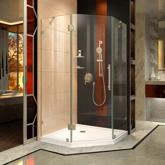 Prism Lux 38 in. x 72 in. Fully Frameless Neo-Angle Hinged Shower Enclosure in Brushed Nickel