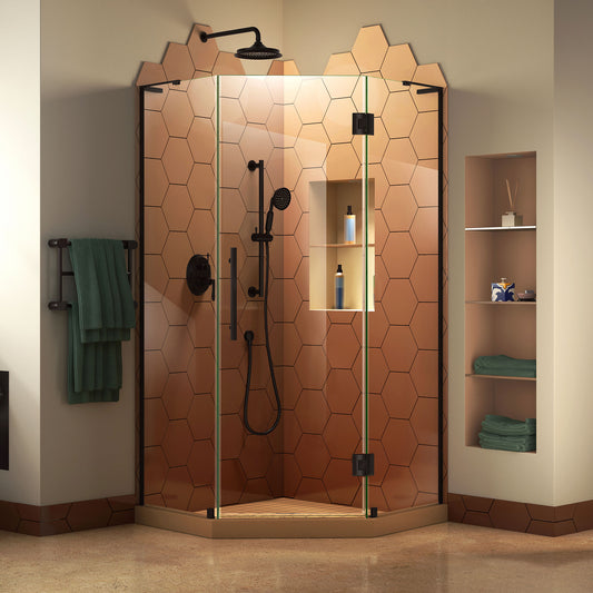 Prism Plus 38 in. x 72 in. Frameless Neo-Angle Hinged Shower Enclosure in Satin Black