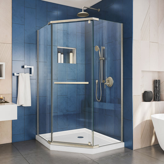 Prism 42 in. x 74 3/4 in. Frameless Neo-Angle Pivot Shower Enclosure in Brushed Nickel with White Base Kit